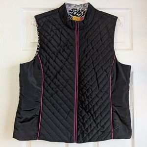 Ruby Rd. Black and Pink Puffer Vest With Leopard Print Lining Size L